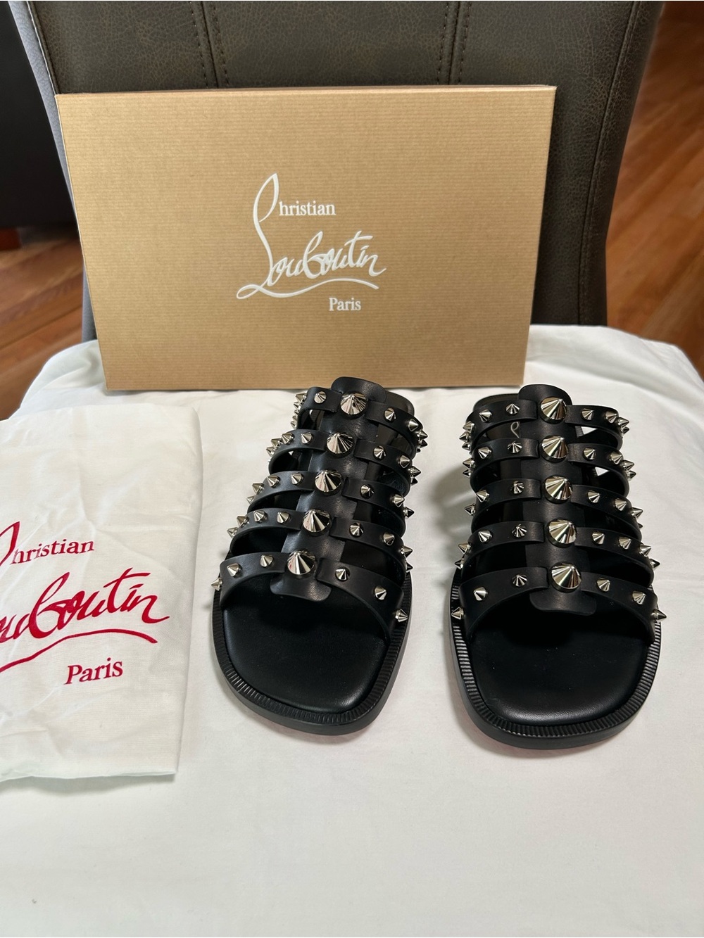 Christian Louboutin Charja Black Studded Multi-Strap Slide Sandals NIB